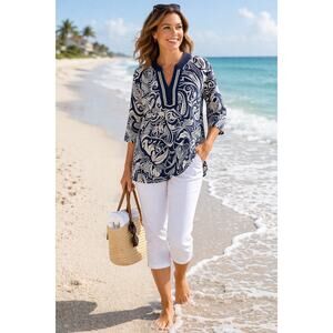 Talbots Navy White Print Tunic Top Lightweight Relaxed Comfort Coastal TravelXL
